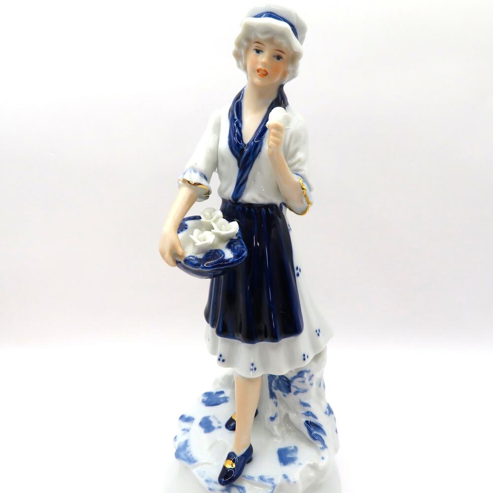 Vintage Porcelain Flower Girl Statuette Blue and White Figurine Cottage Core